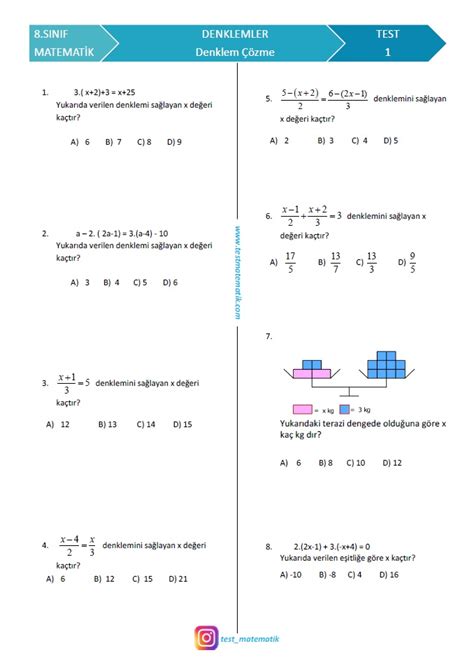 8 sınıf matematik denklemler test ve çözümleri
